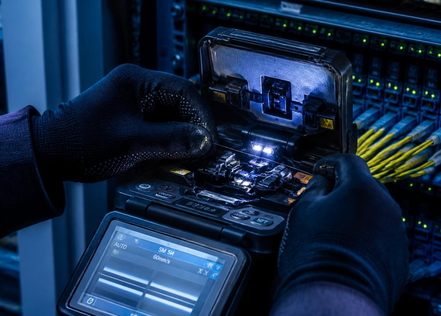 Technician using a fusion splicer on fiber optic cables at a network rack