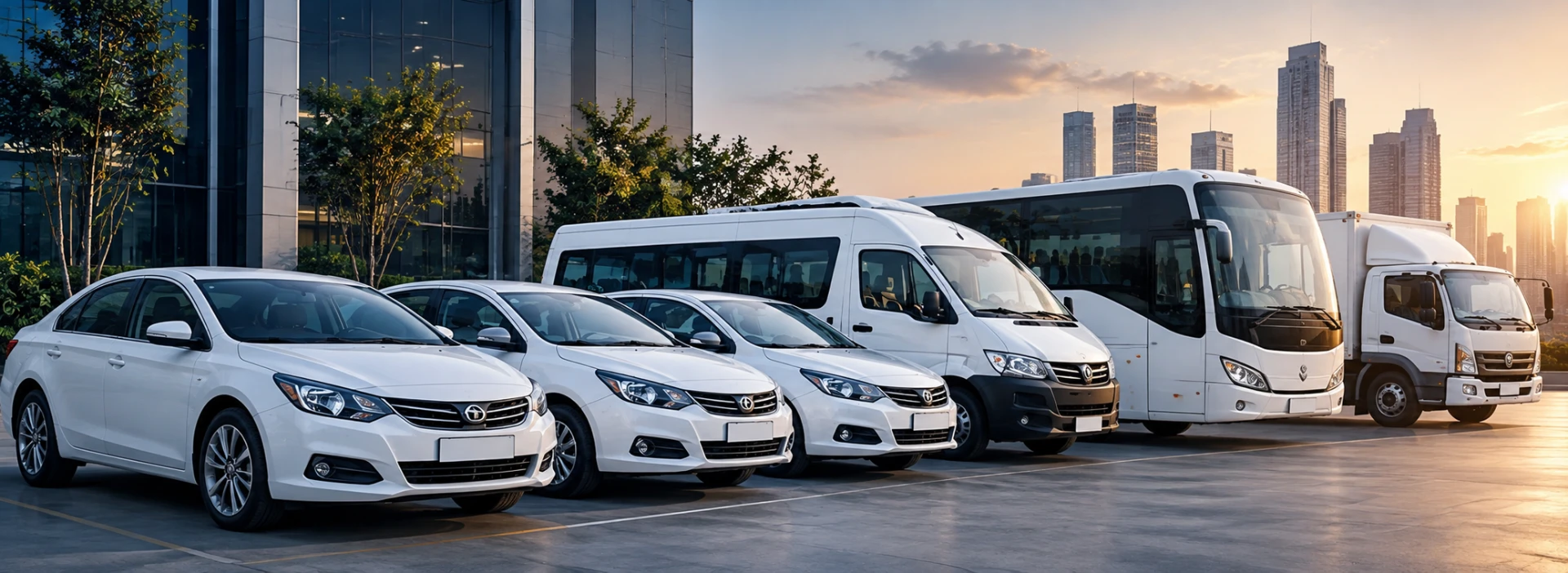 Fleet of white commercial cabs, vans, bus and light truck ready for corporate transport